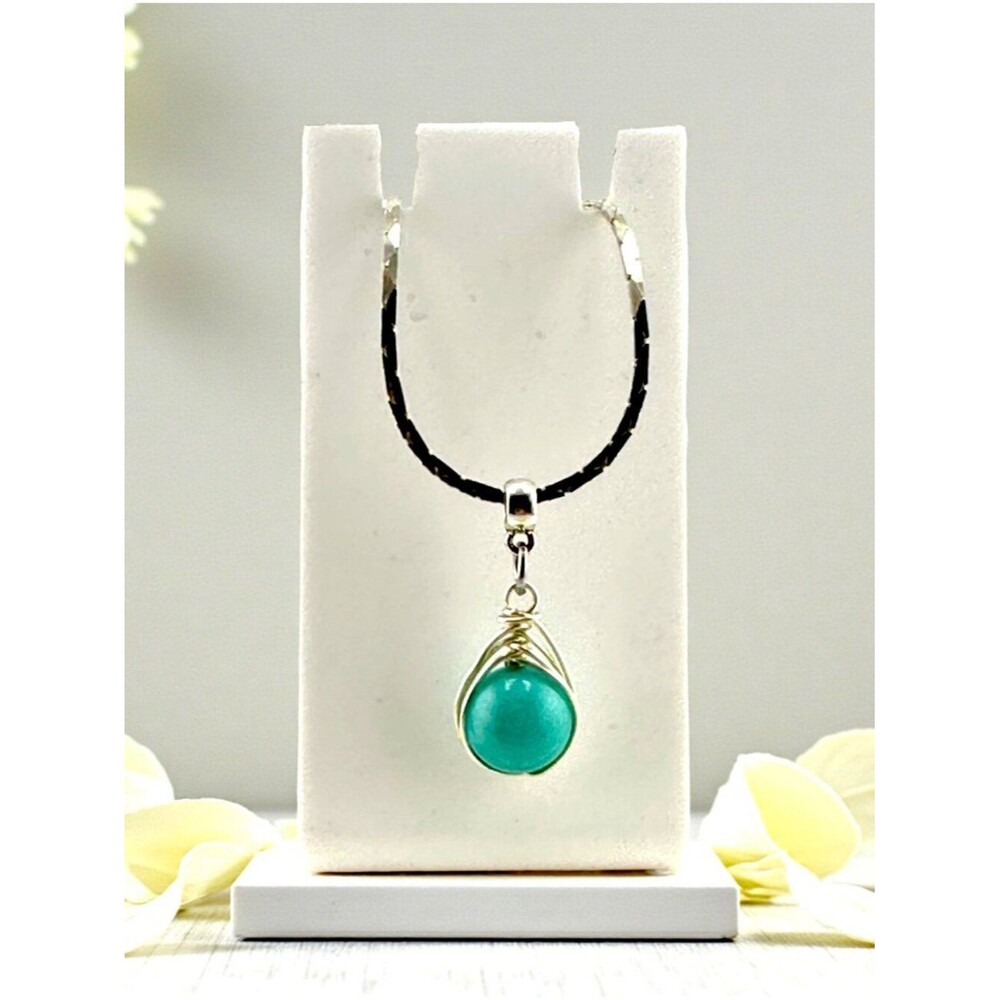 Wire Wrapped Gemstone Necklace Turquoise Blue Silver Pendant Handmade